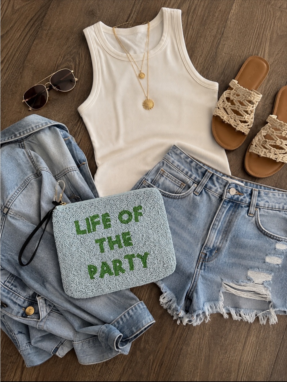 Life of the Party Embroidered Wristlet Clutch - Green Text on Light Blue